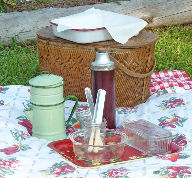 vintage thermos, coffee pot, serving dishes