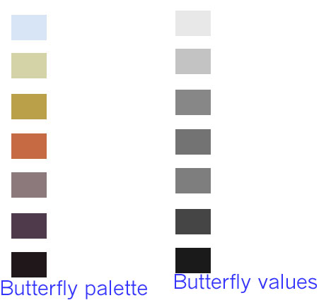 Colors picked from the butterfly quilt are converted to black and white to show the range of values.