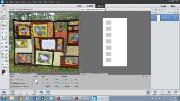 I picked colors from the quilt photo and copied them to the gray rectangles to make a palette.