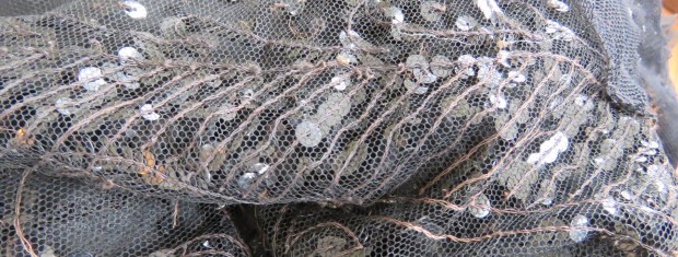 Detail, showing the chain stitching that holds the sequins to the tulle.