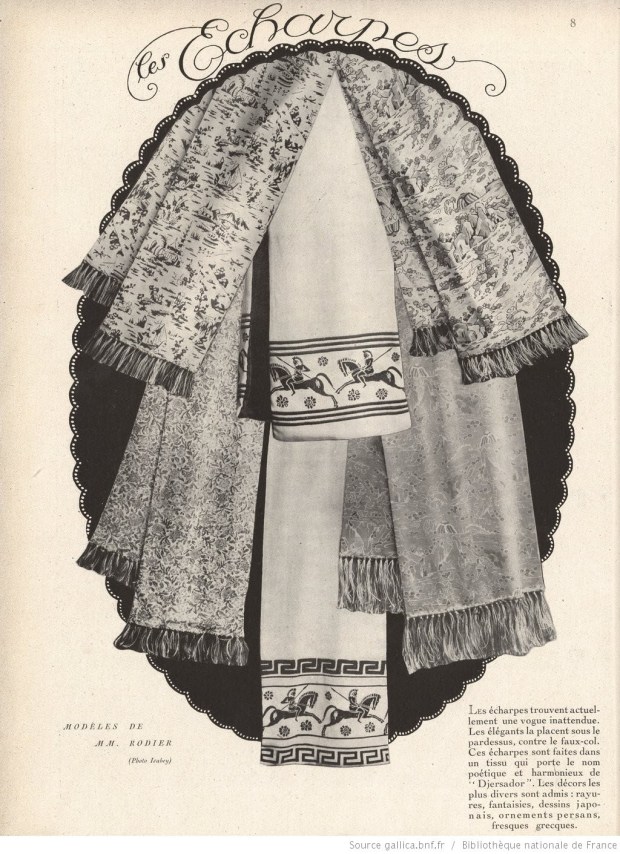 Scarves from 1920, in Monsieur magazine.  Notice the Greek warriors!