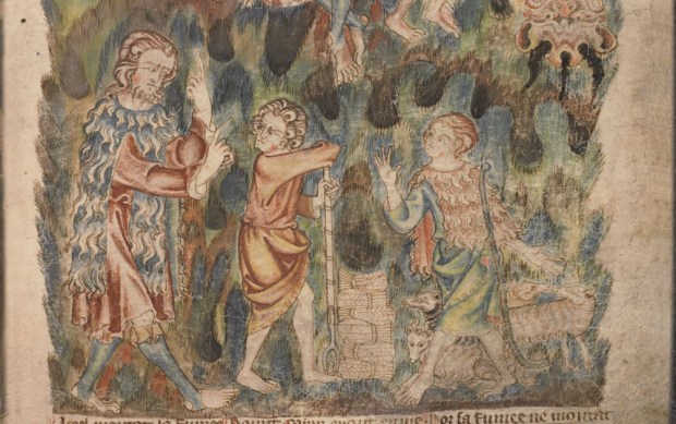 Detail from page above. Here the Biblical shepherd Abel has quite a flock, and he and Adam are wearing sheepskin clothes. Brother Cain, a farmer, is not.