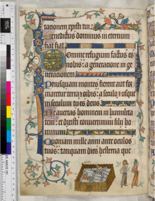 This is page 163 v from the Luttrell Psalter of 1325 - 1340 AD, from the British Library.