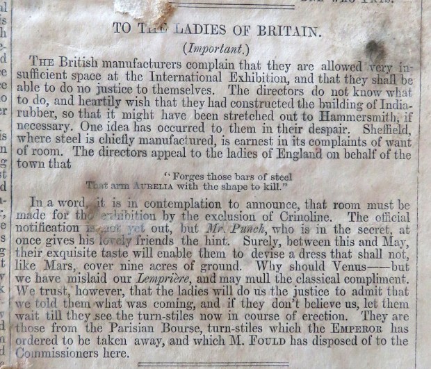 Announcing to the Ladies of Britain that crinolines will be banned from the World's Fair.
