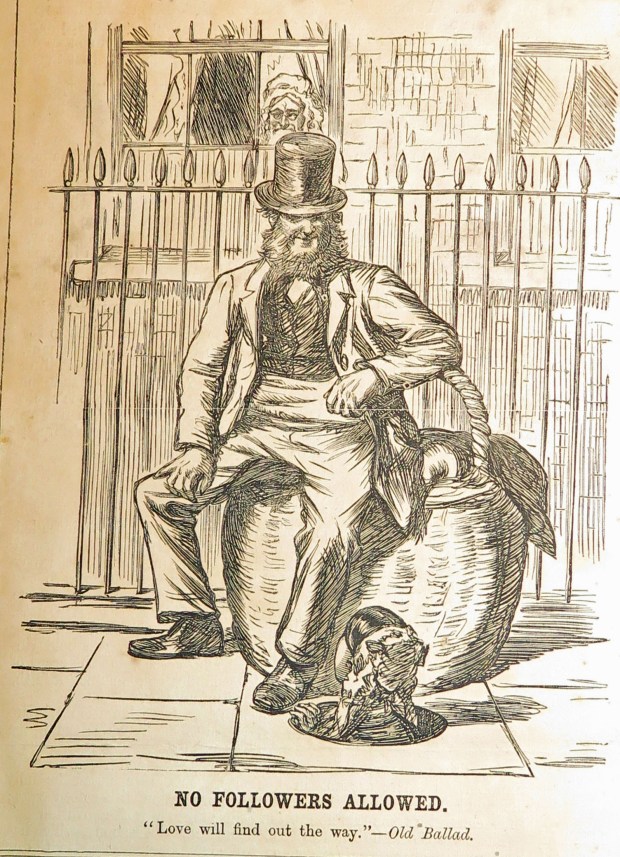 "No followers allowed." Has the girl gone through the drain pipe to get to see her boyfriend? What is that giant basket he is sitting on? And will the old woman in the background tell on them?