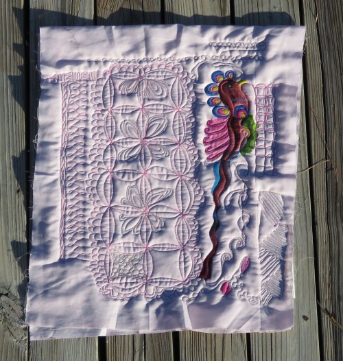 A whole cloth piece, stitched mostly with 40 weight cotton, and painted after quilting.