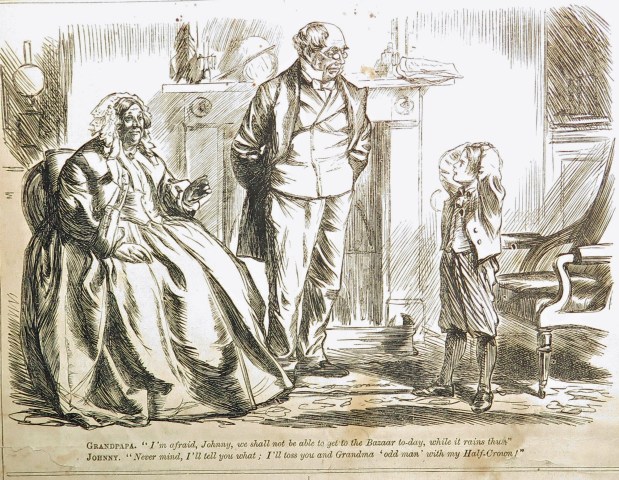 Grandpapa. "I'm afraid, Johnny, we shall not be able to get to the Bazaar today, while it rains thus." Johnny. "Never mind, I'll tell you what; I'll toss you and Grandma 'odd man' with my half-crown."