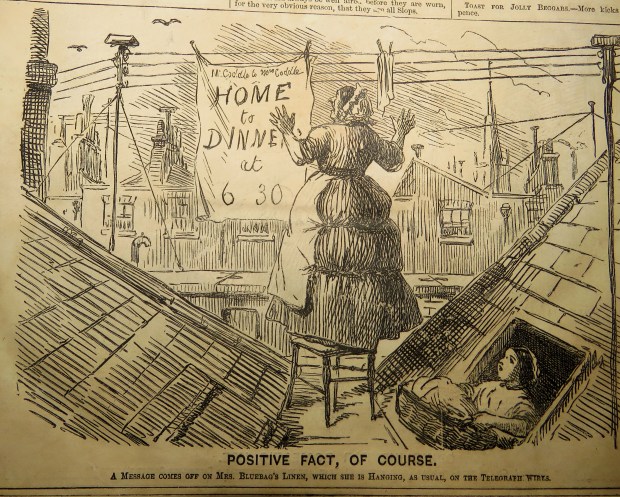 A message comes off on Mrs. Bluebag's linen, which she is hanging, as usual, on the telegraph wires.