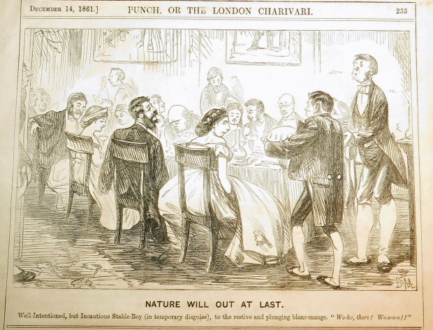 Well-intentioned, but Incautious Stable Boy (in temporary disguise), to the restive and plunging blanc-mange, "Wo-ho, there! Wo-o-o-o!!"