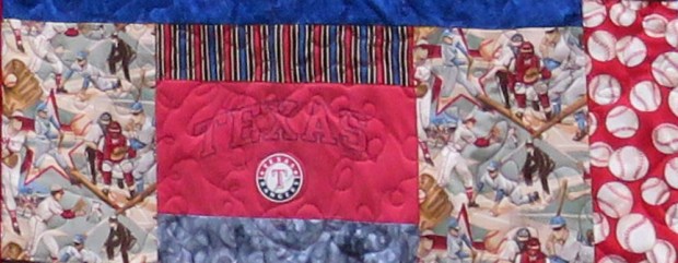 This old-fashioned looking baseball fabric worked wonders to tie the quilt together.