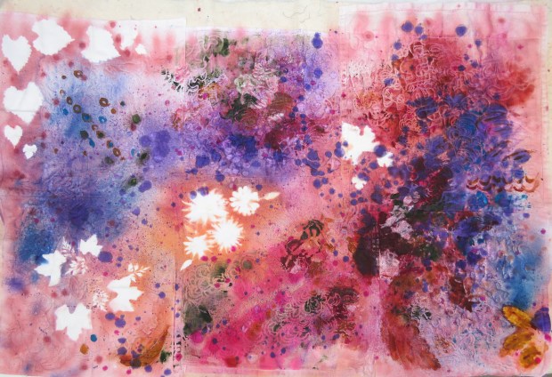 Acrylic paint and textile medium on top of the sprayed inks.