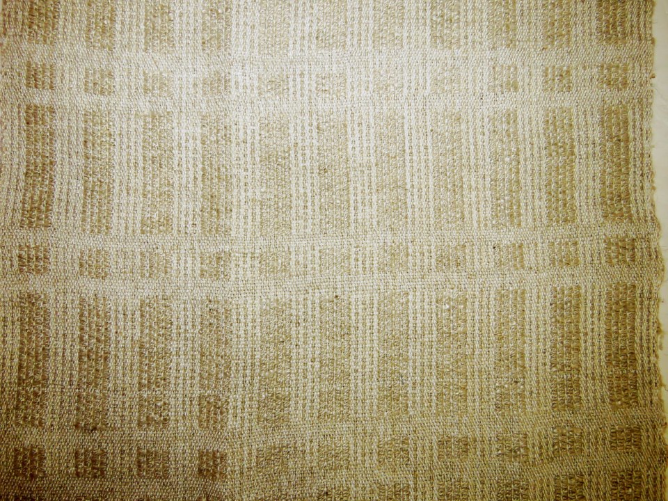 One-shuttle overshot weave in neutral rayon/linen blend.