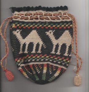 crocheted bag with camel motifs