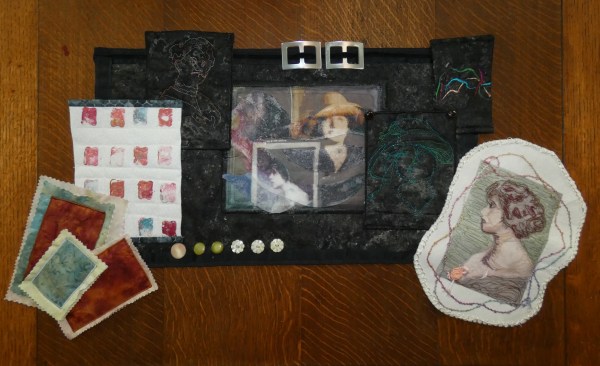 art quilt of computer and old photos