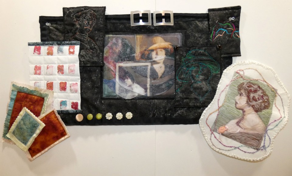 art quilt of computer screen and old photos