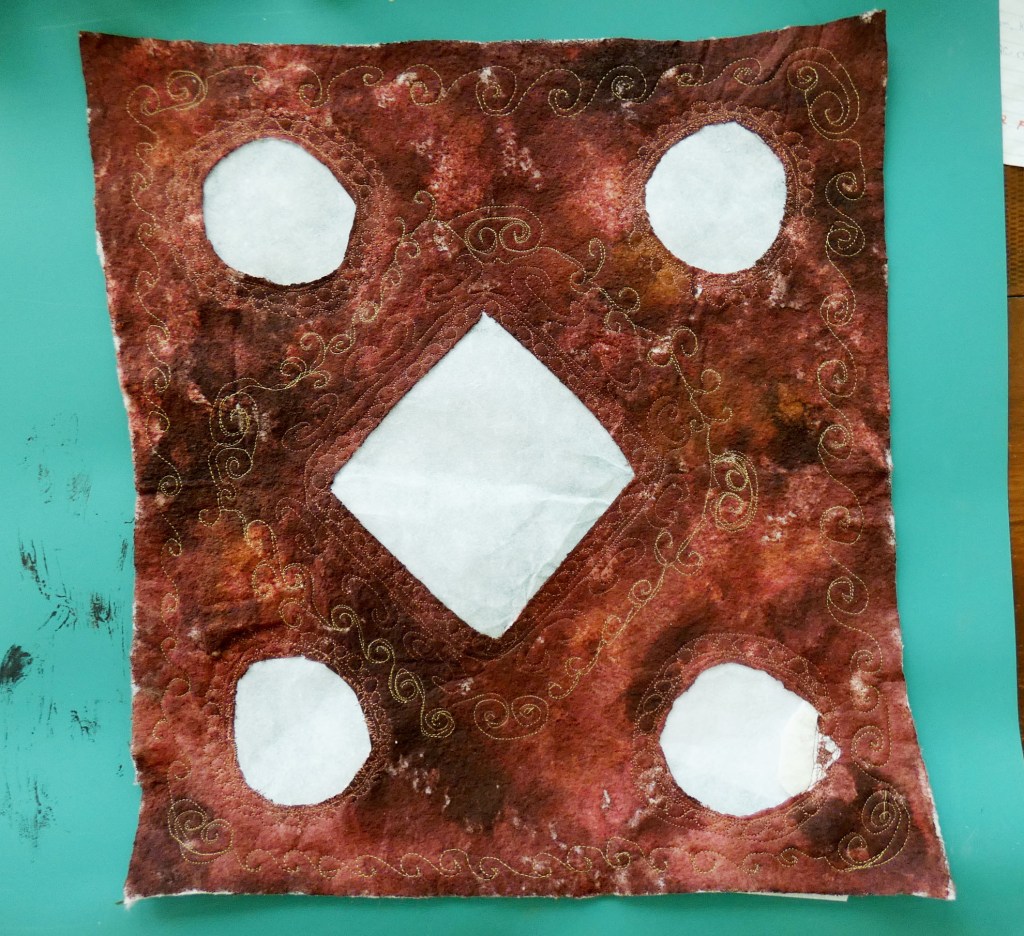 Dyed, painted, and stitched cotton batting, in progress.