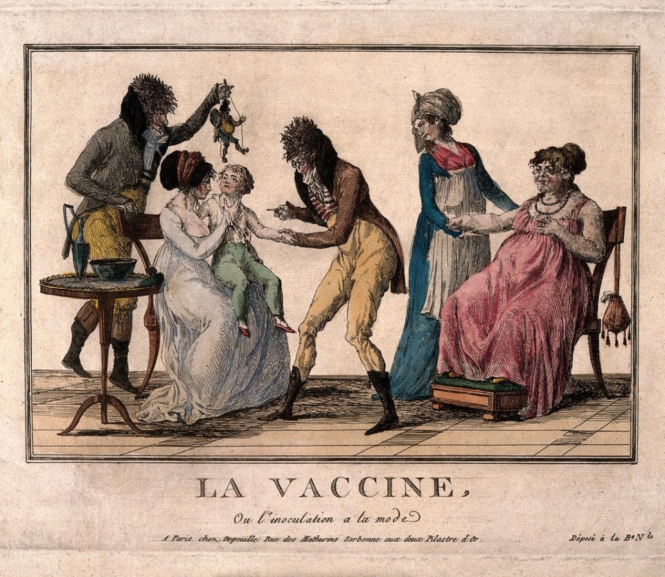  A corpulent woman provides the pustule for the vaccination of a child by a couple of dandified doctors. Etching, c. 1800. Wellcome Collection. Source: Wellcome Collection.